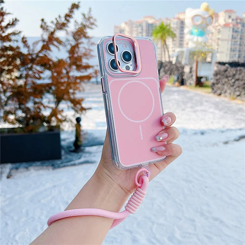 For iPhone 15 Pro Max Case Compatible with MagSafe Lens Kickstand TPU Acrylic Phone Cover with Matching Hand Strap - Pink - 1