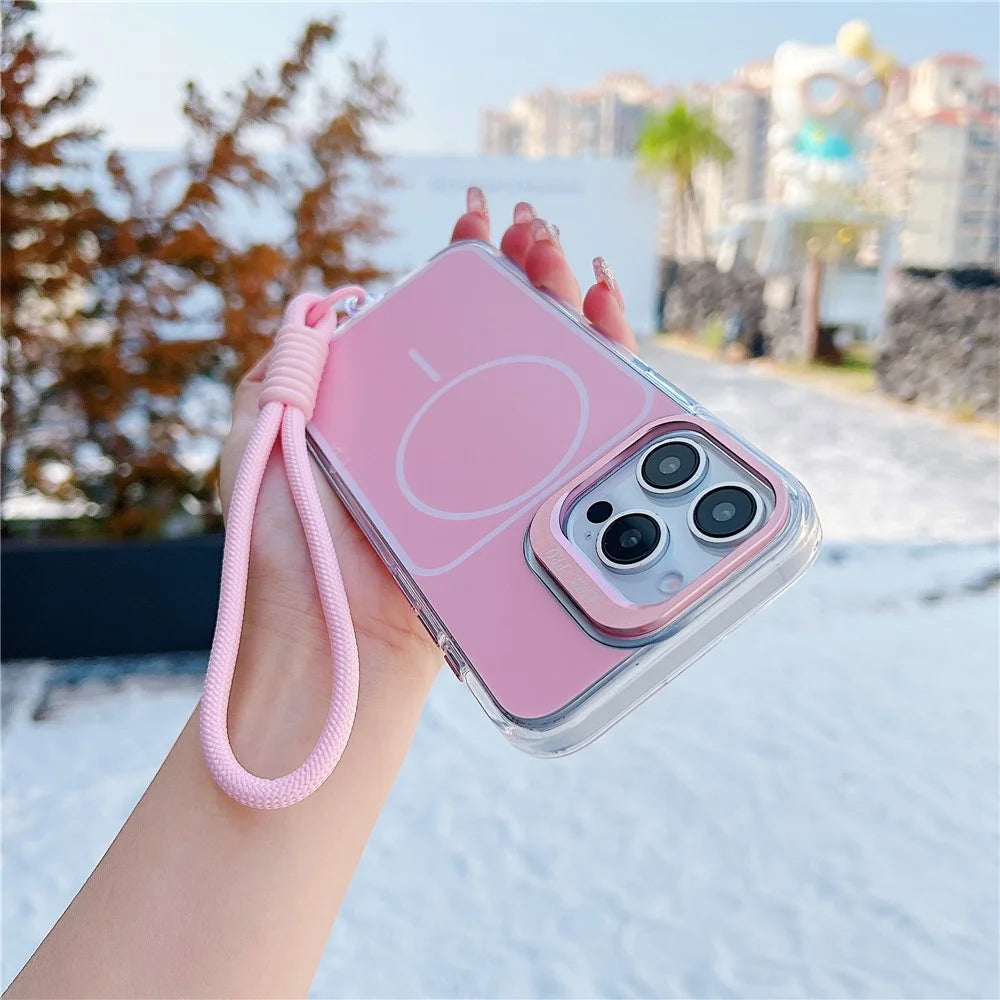 For iPhone 15 Pro Max Case Compatible with MagSafe Lens Kickstand TPU Acrylic Phone Cover with Matching Hand Strap - Pink - 2