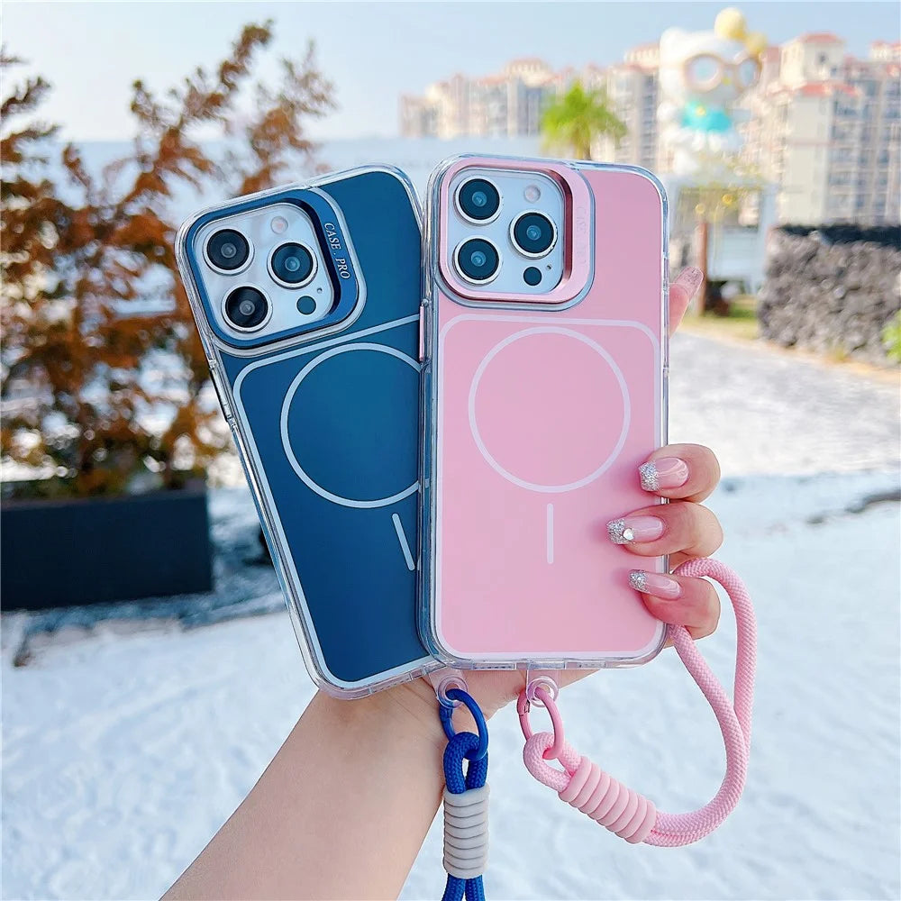 For iPhone 15 Pro Max Case Compatible with MagSafe Lens Kickstand TPU Acrylic Phone Cover with Matching Hand Strap - Pink - 3