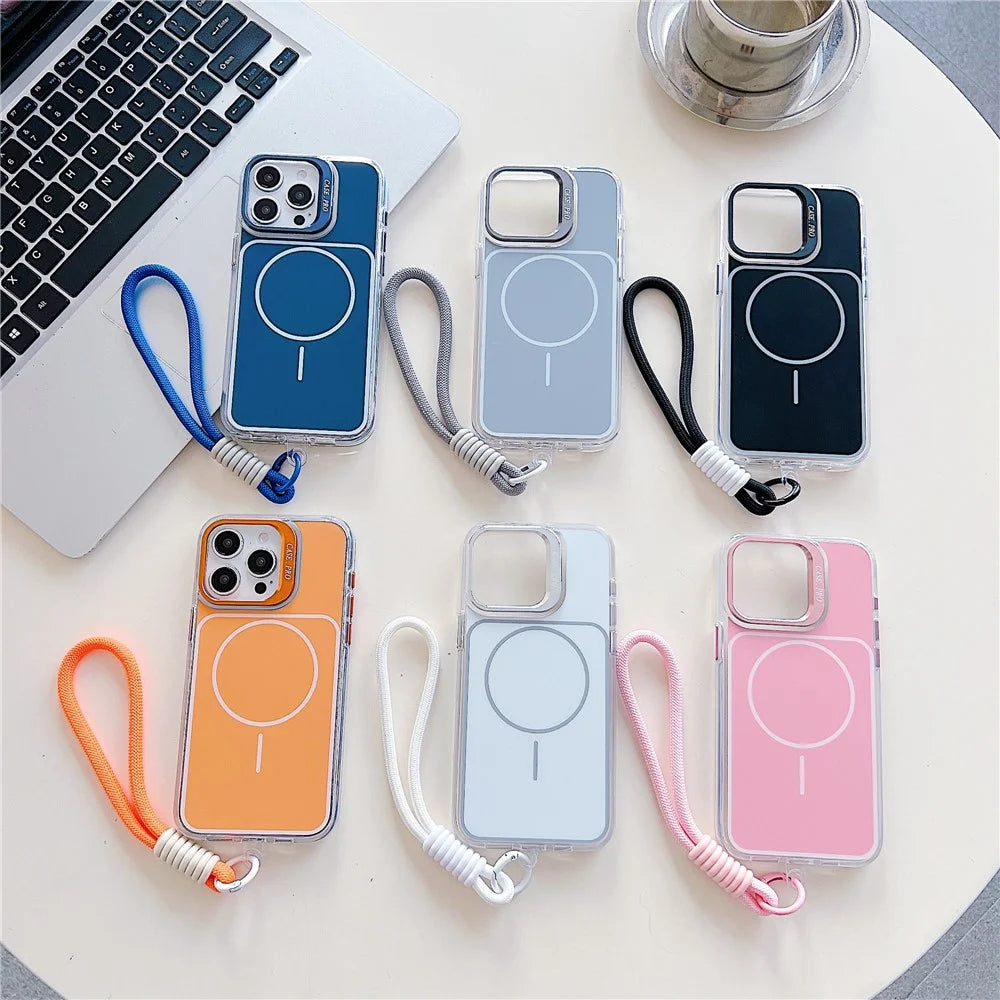 For iPhone 15 Pro Max Case Compatible with MagSafe Lens Kickstand TPU Acrylic Phone Cover with Matching Hand Strap - Pink - 4