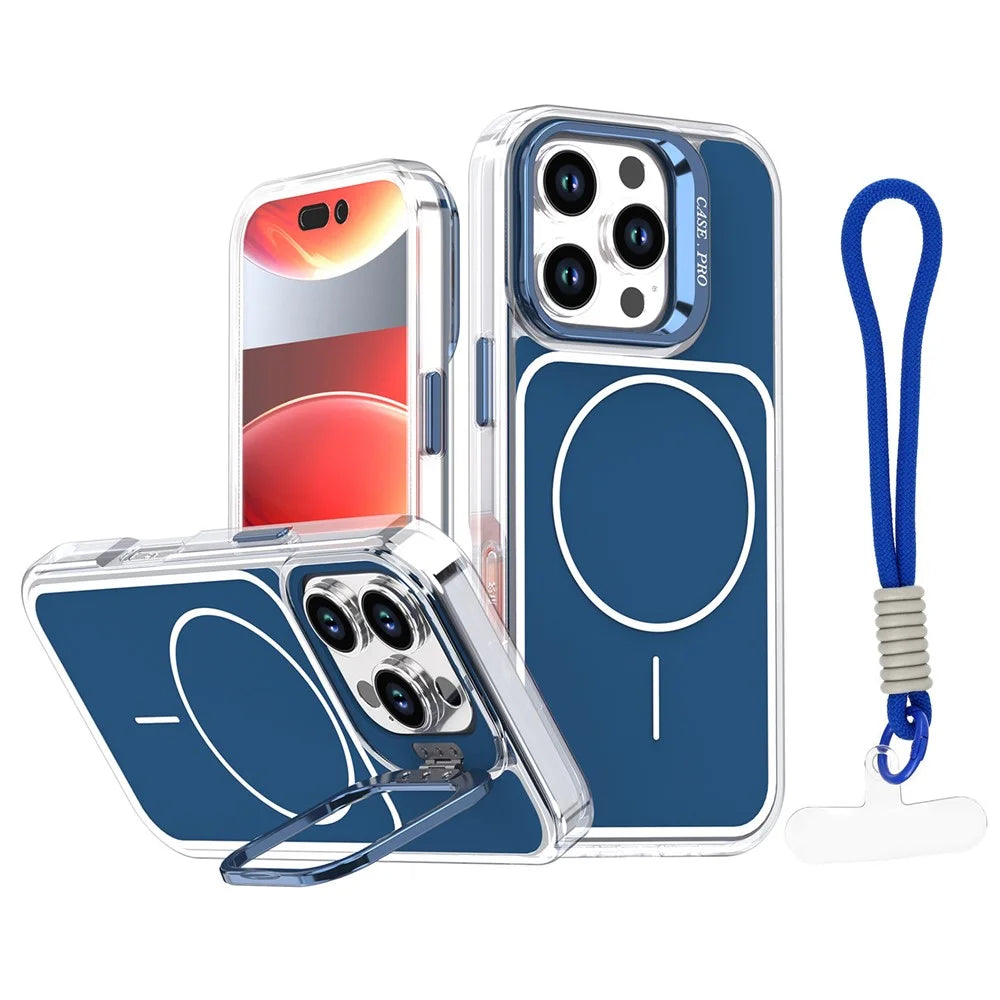 For iPhone 16 Pro Max Case Compatible with MagSafe Lens Kickstand TPU Acrylic Phone Cover with Matching Hand Strap - Blue - 1