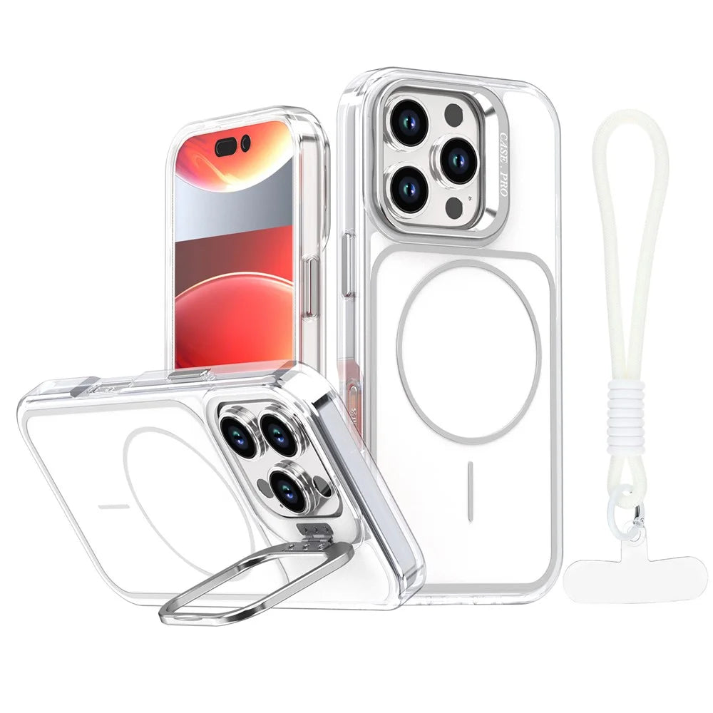 For iPhone 16 Pro Case Compatible with MagSafe Lens Kickstand TPU Acrylic Phone Cover with Matching Hand Strap - White - 1
