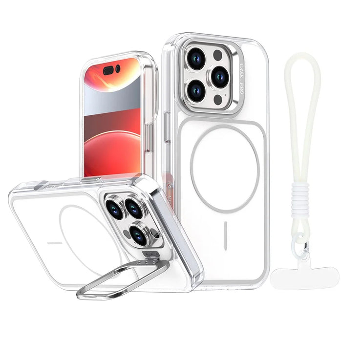 For iPhone 16 Pro Case Compatible with MagSafe Lens Kickstand TPU Acrylic Phone Cover with Matching Hand Strap - White - 1