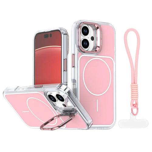 For iPhone 16 Plus Case Compatible with MagSafe Lens Kickstand TPU Acrylic Phone Cover with Matching Hand Strap - Pink - 1