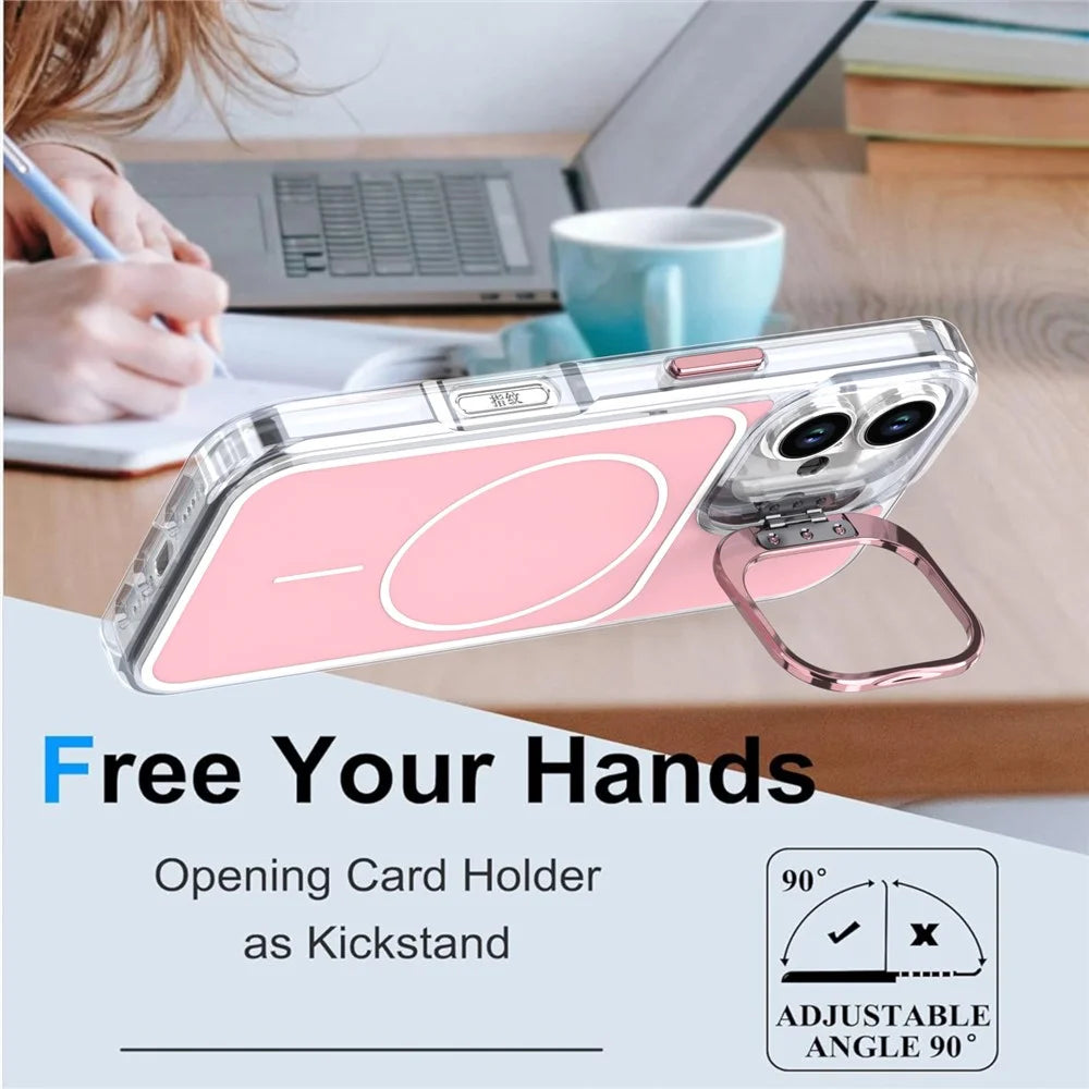 For iPhone 16 Plus Case Compatible with MagSafe Lens Kickstand TPU Acrylic Phone Cover with Matching Hand Strap - Pink - 2