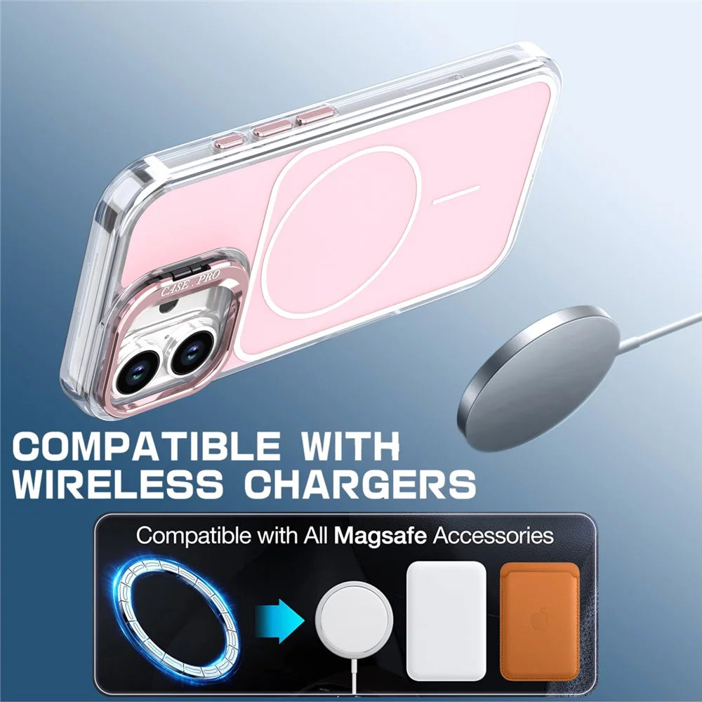 For iPhone 16 Plus Case Compatible with MagSafe Lens Kickstand TPU Acrylic Phone Cover with Matching Hand Strap - Pink - 4