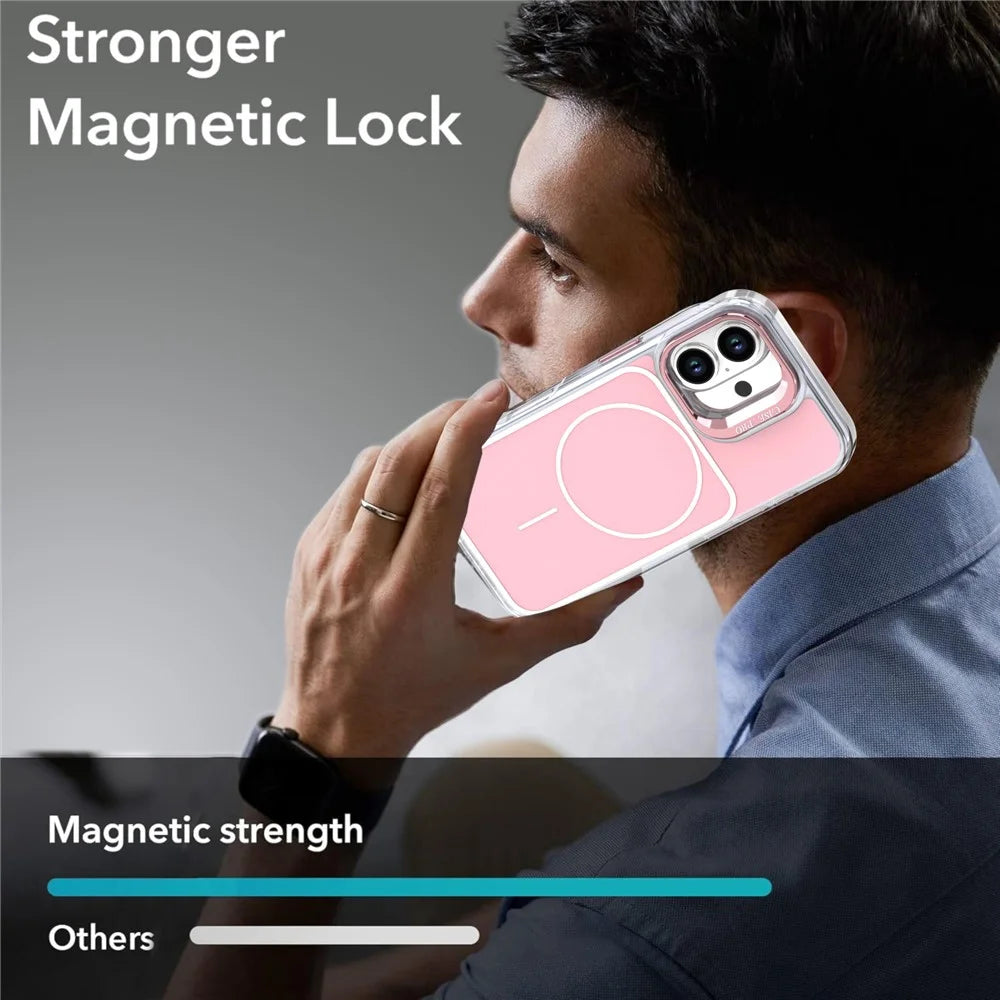 For iPhone 16 Plus Case Compatible with MagSafe Lens Kickstand TPU Acrylic Phone Cover with Matching Hand Strap - Pink - 6