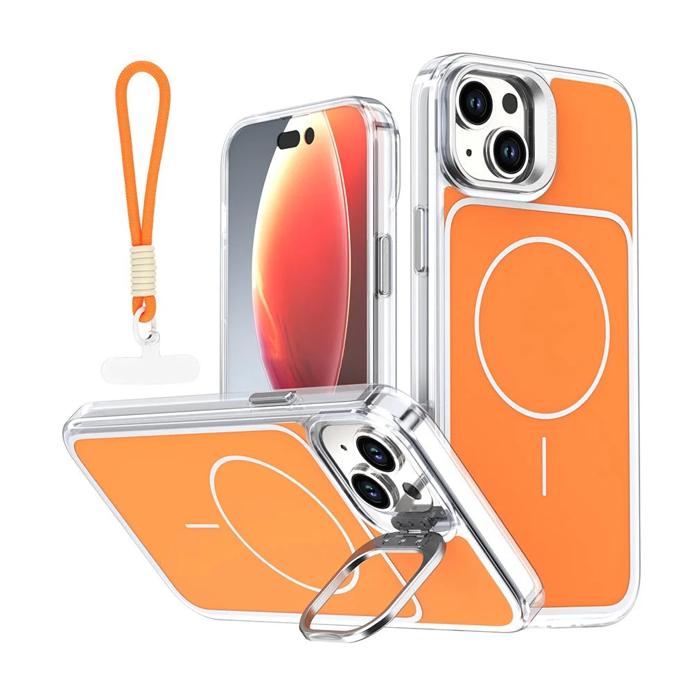 For iPhone 15 Case Compatible with MagSafe Lens Kickstand TPU Acrylic Phone Cover with Matching Hand Strap - Orange - 1