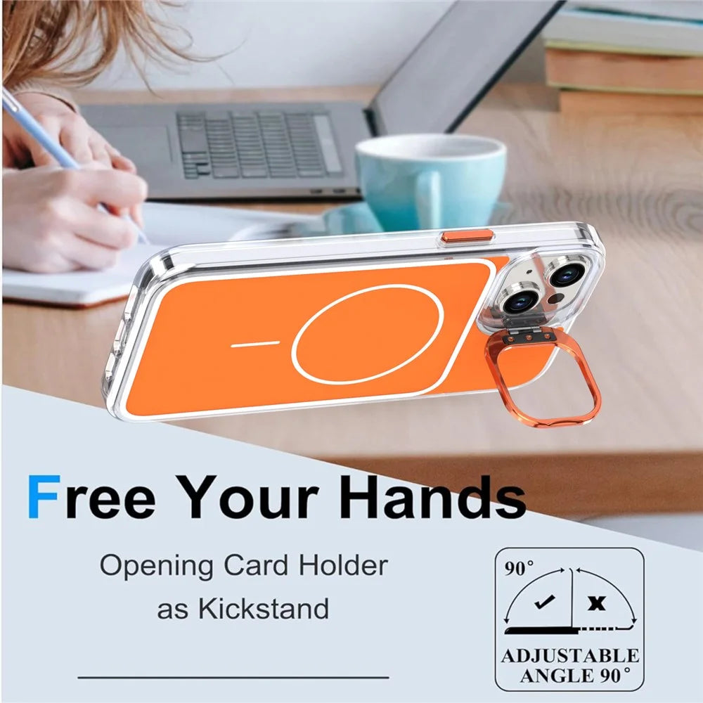 For iPhone 15 Case Compatible with MagSafe Lens Kickstand TPU Acrylic Phone Cover with Matching Hand Strap - Orange - 2