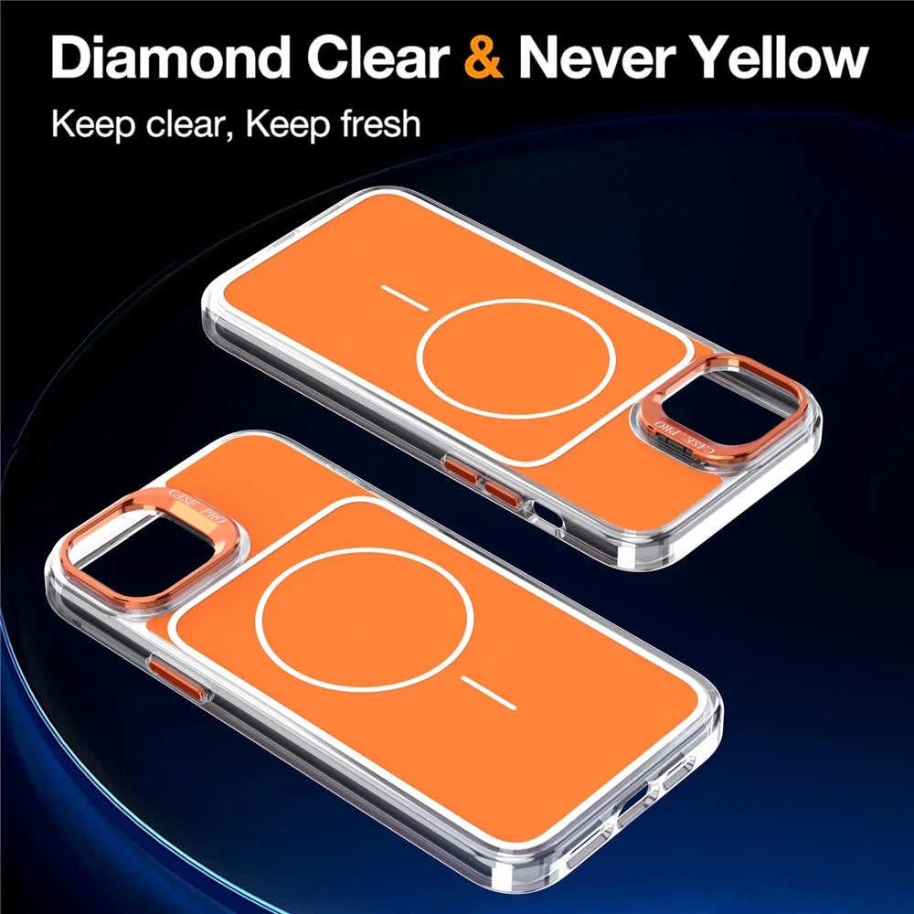 For iPhone 15 Case Compatible with MagSafe Lens Kickstand TPU Acrylic Phone Cover with Matching Hand Strap - Orange - 3