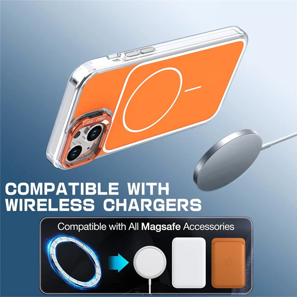 For iPhone 15 Case Compatible with MagSafe Lens Kickstand TPU Acrylic Phone Cover with Matching Hand Strap - Orange - 4