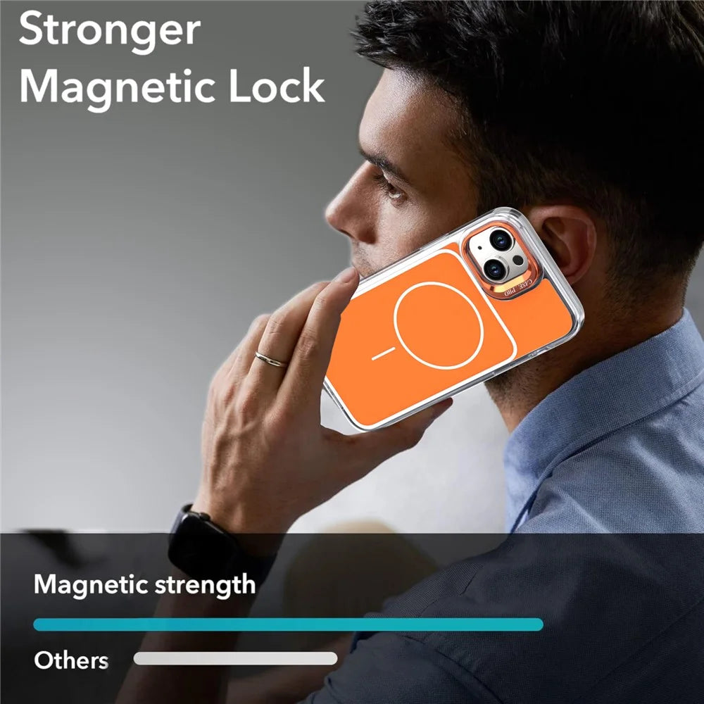 For iPhone 15 Case Compatible with MagSafe Lens Kickstand TPU Acrylic Phone Cover with Matching Hand Strap - Orange - 6