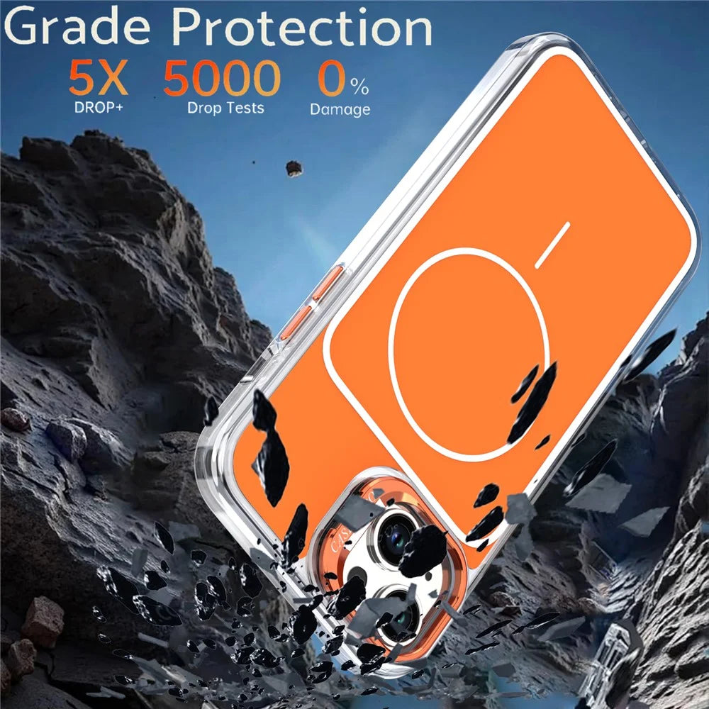 For iPhone 15 Case Compatible with MagSafe Lens Kickstand TPU Acrylic Phone Cover with Matching Hand Strap - Orange - 7