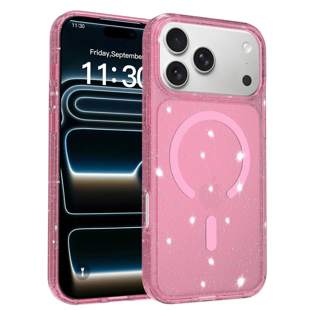 For iPhone 17 Pro Magnetic Case Glitter Design TPU PC PET Drop Proof Phone Cover - Transparent Pink - 1