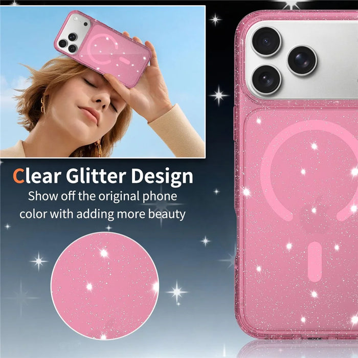 For iPhone 17 Pro Magnetic Case Glitter Design TPU PC PET Drop Proof Phone Cover - Transparent Pink - 2