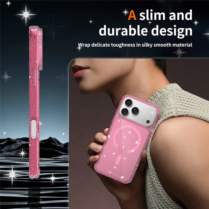For iPhone 17 Pro Magnetic Case Glitter Design TPU PC PET Drop Proof Phone Cover - Transparent Pink - 6