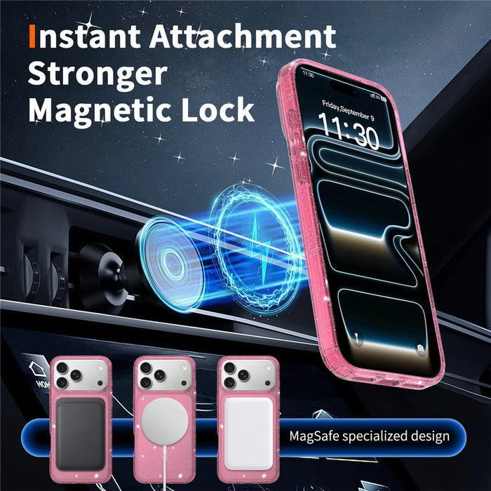 For iPhone 17 Pro Magnetic Case Glitter Design TPU PC PET Drop Proof Phone Cover - Transparent Pink - 7
