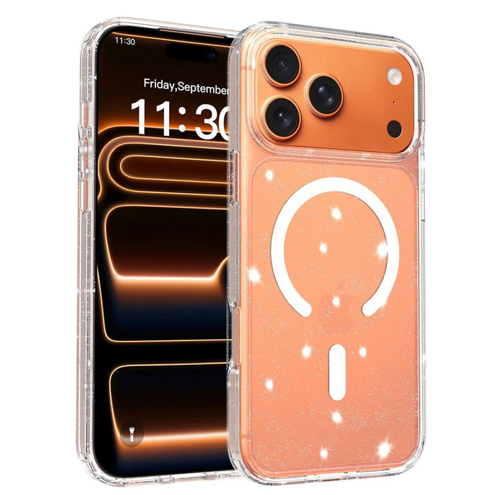 For iPhone 17 Pro Max Magnetic Case Glitter Design TPU PC PET Drop Proof Phone Cover - Transparent - 1
