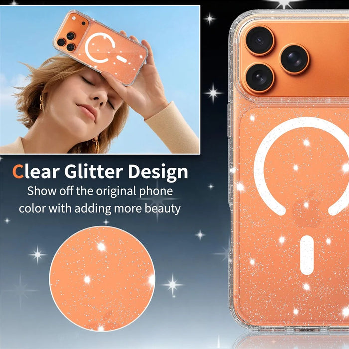 For iPhone 17 Pro Max Magnetic Case Glitter Design TPU PC PET Drop Proof Phone Cover - Transparent - 2