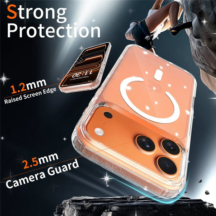 For iPhone 17 Pro Max Magnetic Case Glitter Design TPU PC PET Drop Proof Phone Cover - Transparent - 3