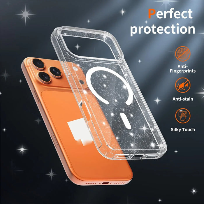 For iPhone 17 Pro Max Magnetic Case Glitter Design TPU PC PET Drop Proof Phone Cover - Transparent - 5