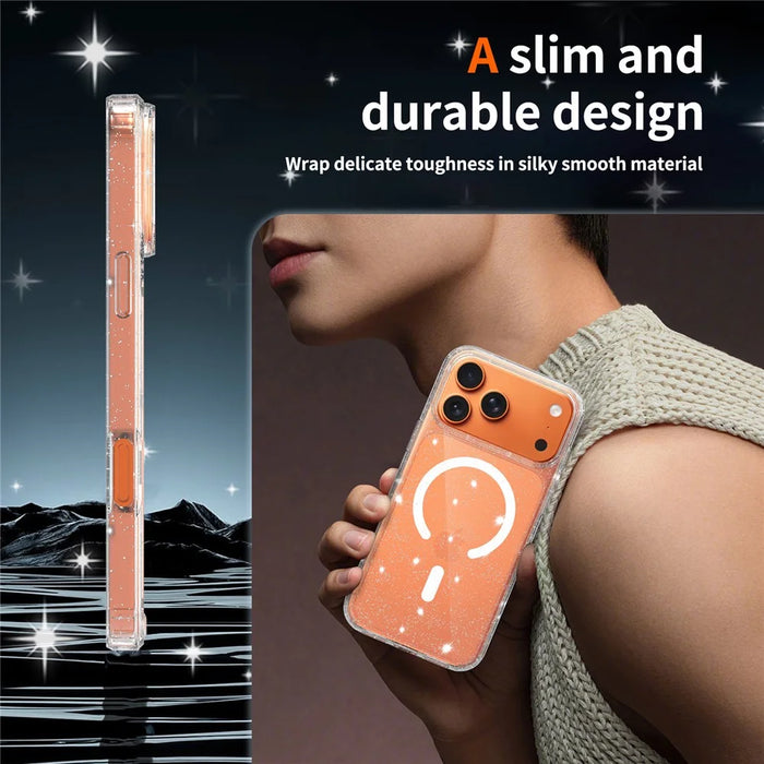 For iPhone 17 Pro Max Magnetic Case Glitter Design TPU PC PET Drop Proof Phone Cover - Transparent - 6