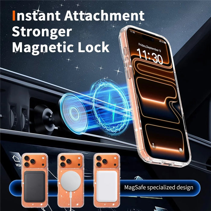 For iPhone 17 Pro Max Magnetic Case Glitter Design TPU PC PET Drop Proof Phone Cover - Transparent - 7