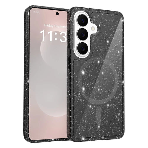 For Samsung Galaxy S26 Magnetic Case Glitter Design TPU PC PET Drop Proof Phone Cover - Transparent Black - 1