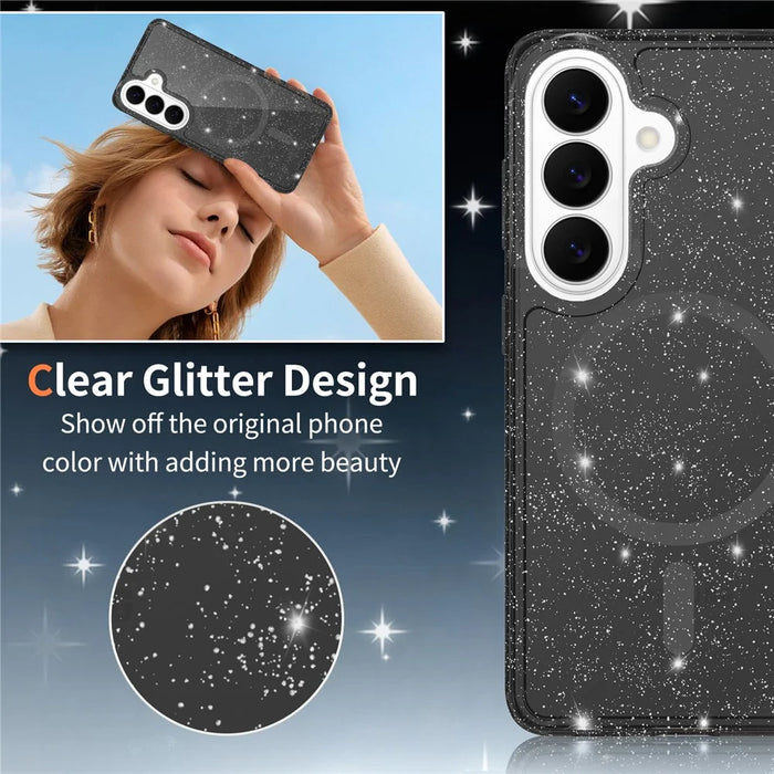 For Samsung Galaxy S26 Magnetic Case Glitter Design TPU PC PET Drop Proof Phone Cover - Transparent Black - 2