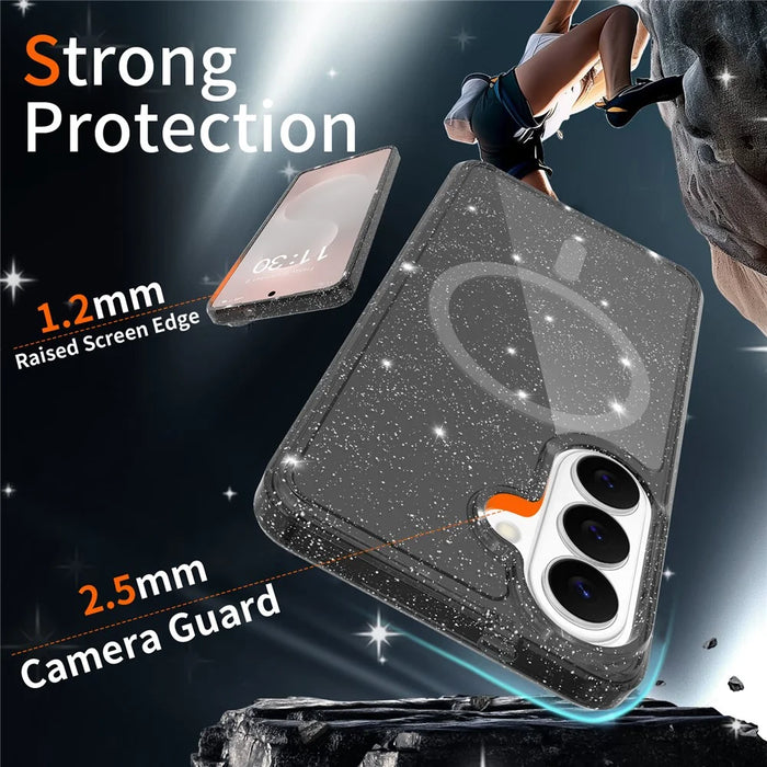For Samsung Galaxy S26 Magnetic Case Glitter Design TPU PC PET Drop Proof Phone Cover - Transparent Black - 3