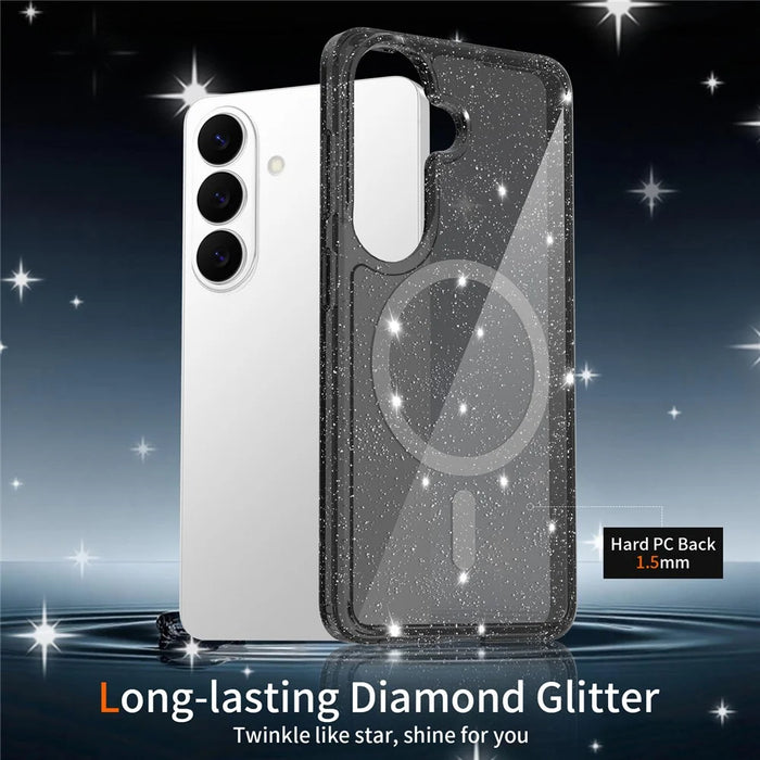 For Samsung Galaxy S26 Magnetic Case Glitter Design TPU PC PET Drop Proof Phone Cover - Transparent Black - 4