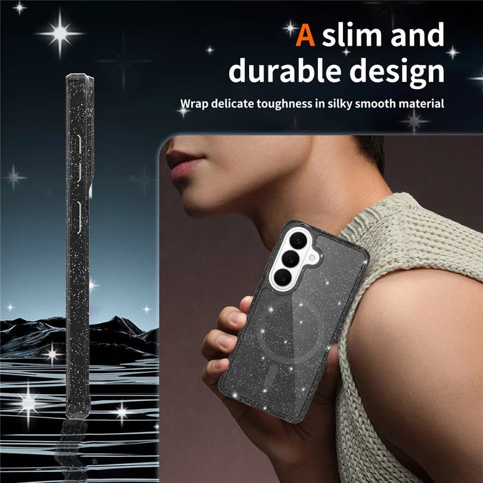 For Samsung Galaxy S26 Magnetic Case Glitter Design TPU PC PET Drop Proof Phone Cover - Transparent Black - 6