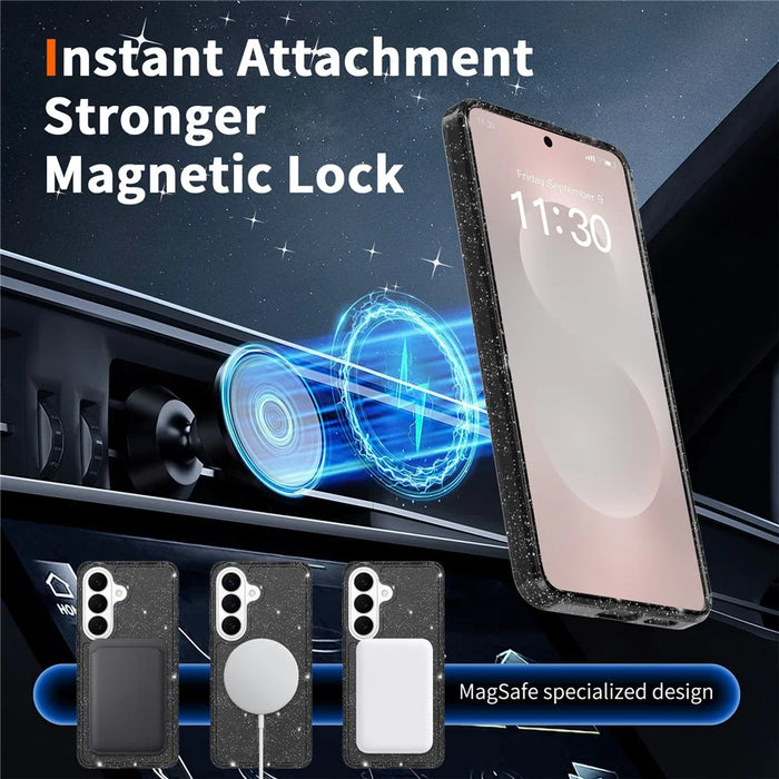 For Samsung Galaxy S26 Magnetic Case Glitter Design TPU PC PET Drop Proof Phone Cover - Transparent Black - 7