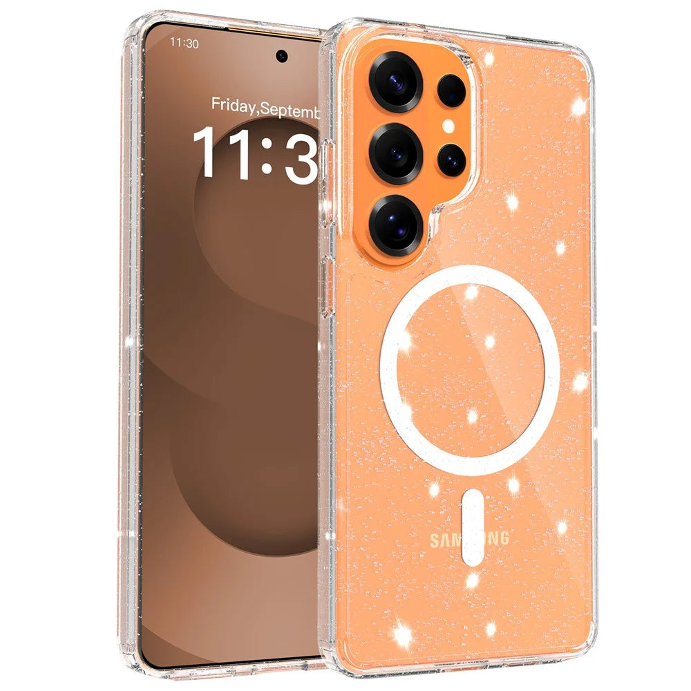 For Samsung Galaxy S26 Ultra Magnetic Case Glitter Design TPU PC PET Drop Proof Phone Cover - Transparent - 1