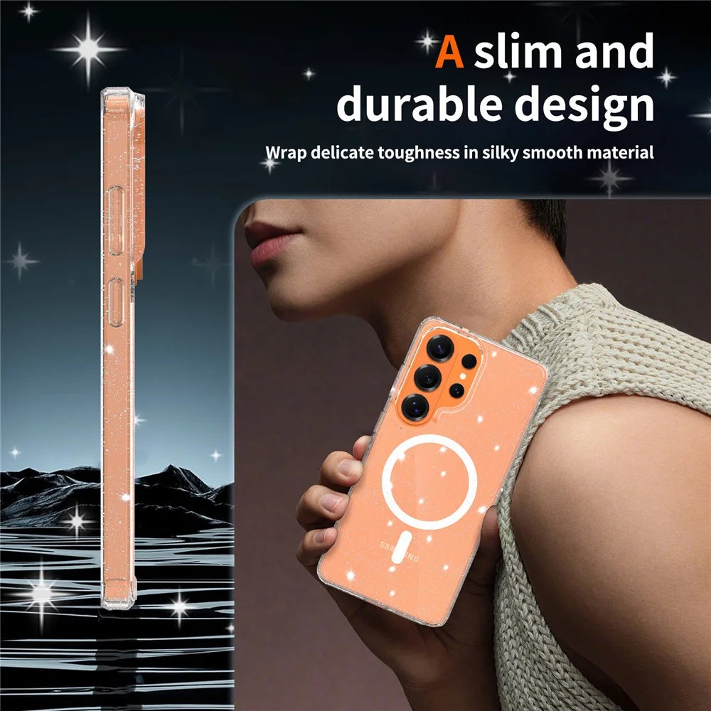 For Samsung Galaxy S26 Ultra Magnetic Case Glitter Design TPU PC PET Drop Proof Phone Cover - Transparent - 6