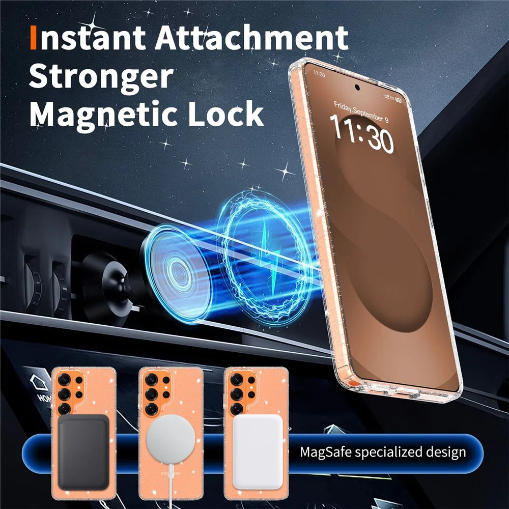 For Samsung Galaxy S26 Ultra Magnetic Case Glitter Design TPU PC PET Drop Proof Phone Cover - Transparent - 7