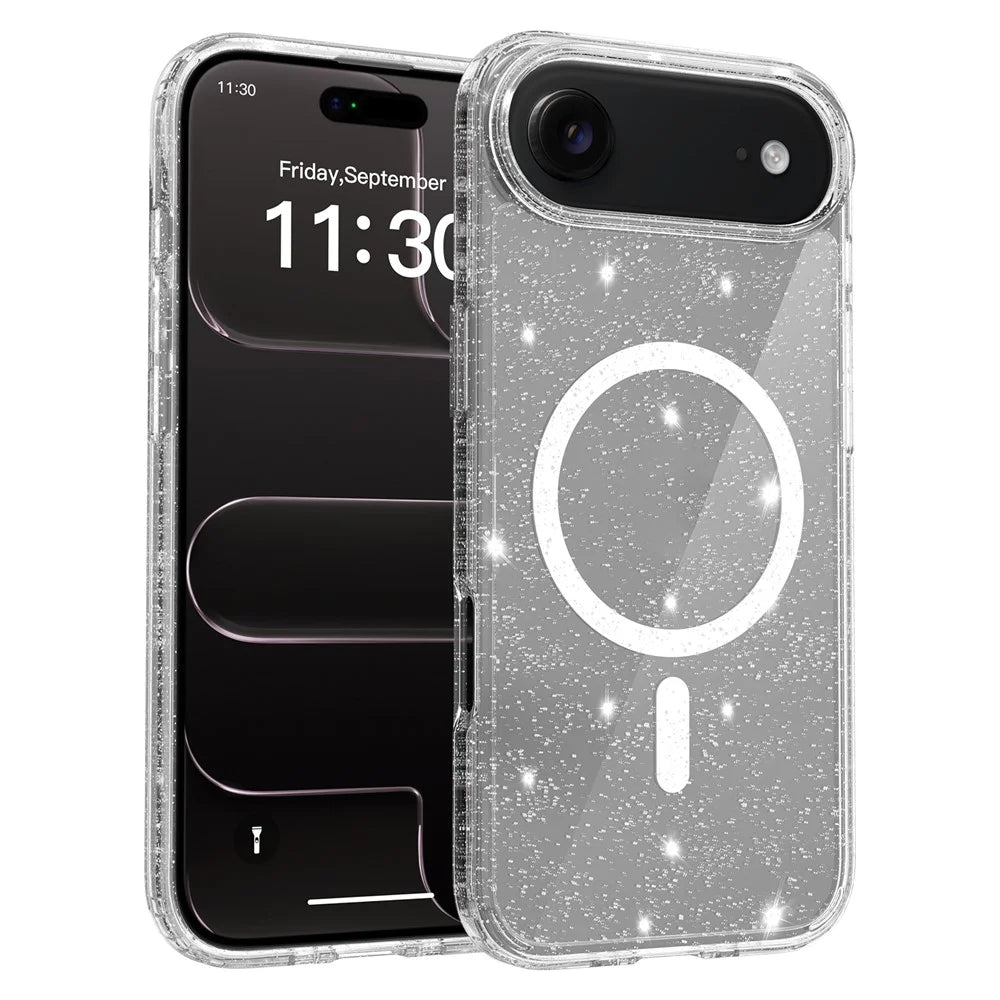 For iPhone Air Magnetic Case Glitter Design TPU PC PET Drop Proof Phone Cover - Transparent - 1