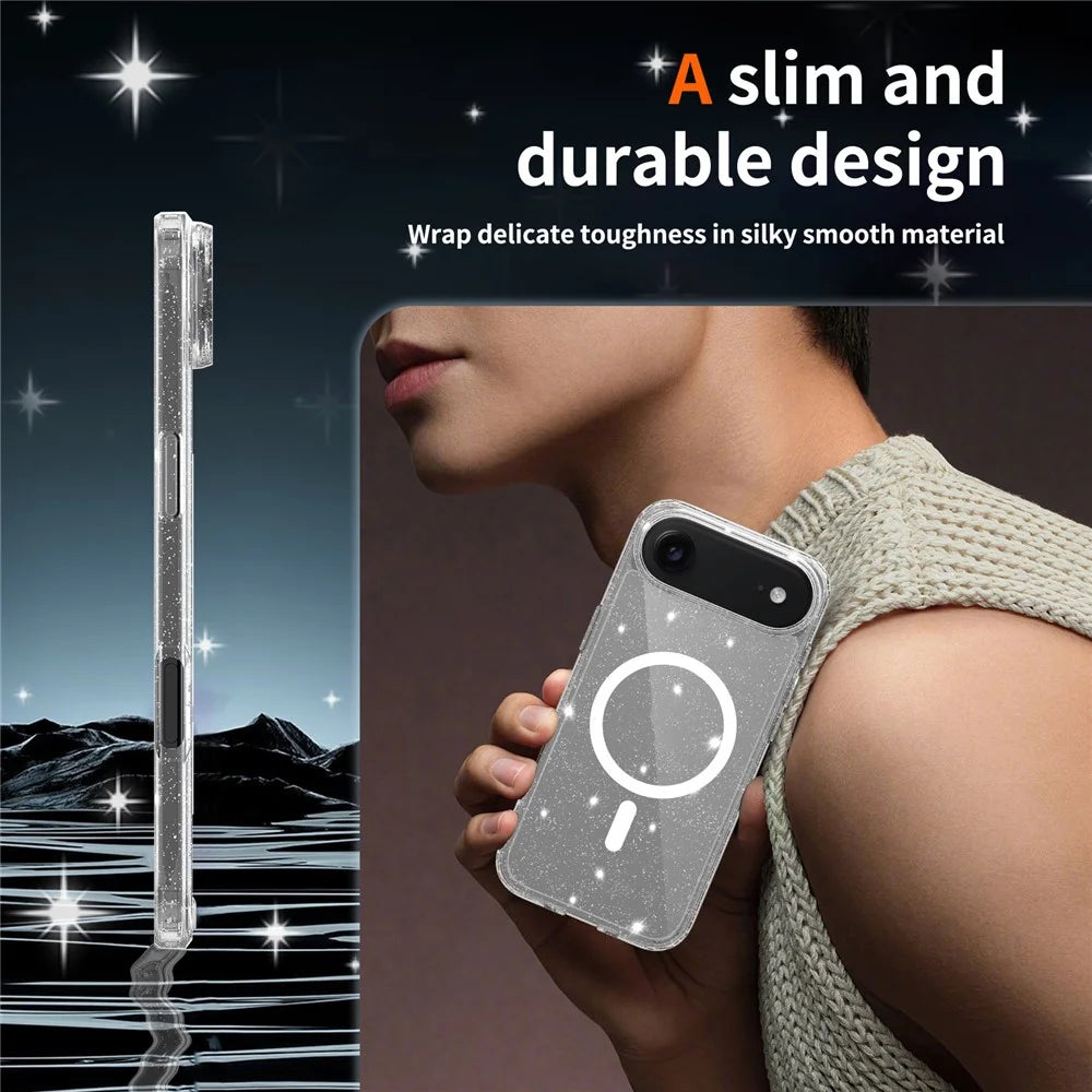 For iPhone Air Magnetic Case Glitter Design TPU PC PET Drop Proof Phone Cover - Transparent - 6