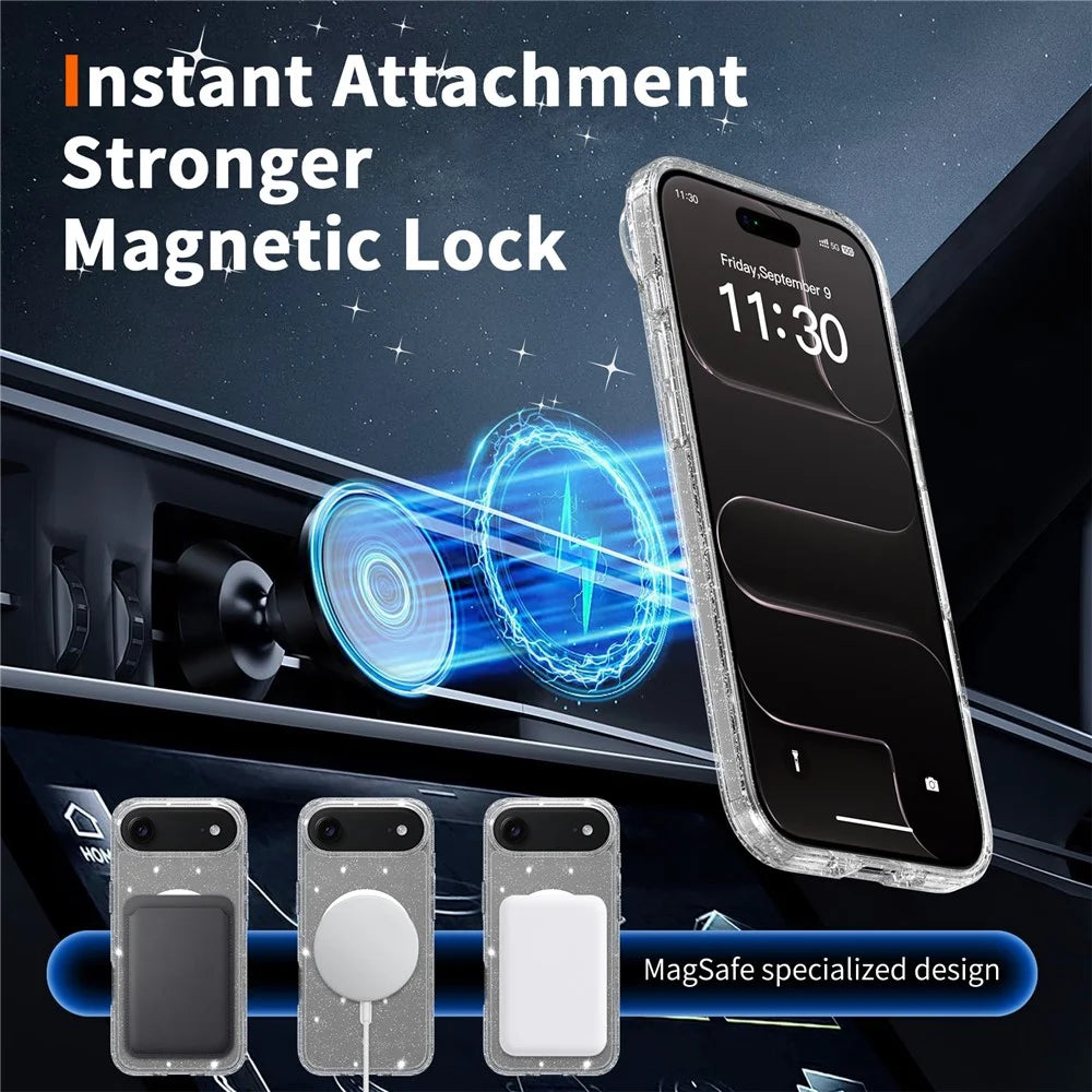 For iPhone Air Magnetic Case Glitter Design TPU PC PET Drop Proof Phone Cover - Transparent - 7