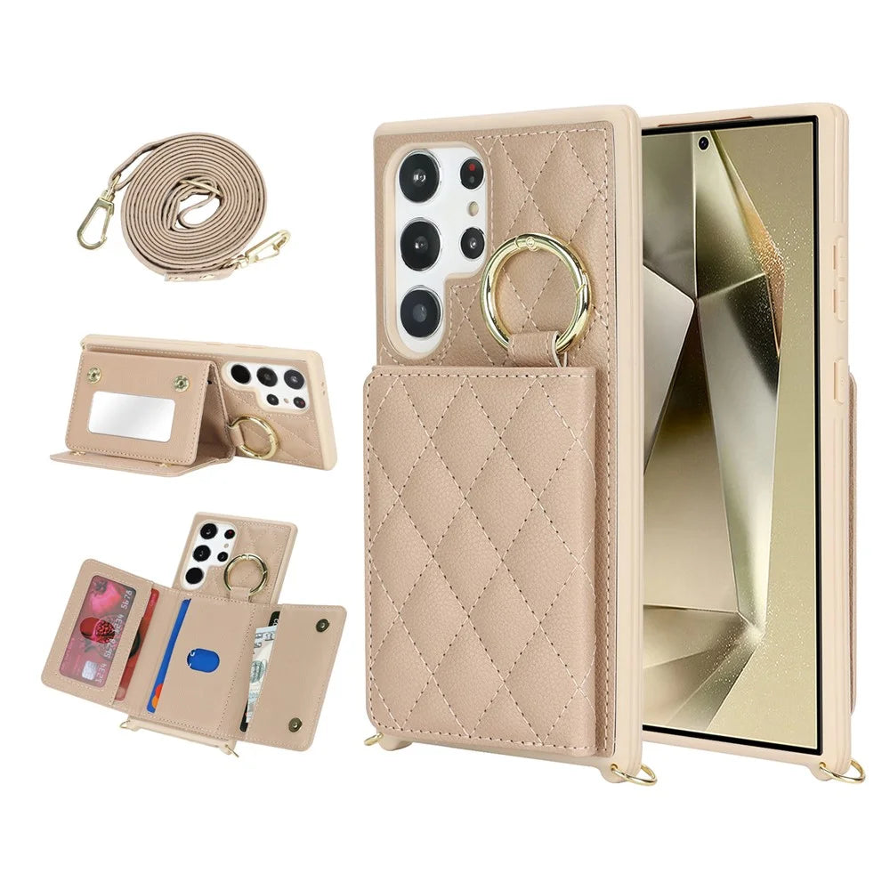 For Samsung Galaxy S23 Ultra Case with Lanyard / Mirror / Card Holder Grids Pattern RFID Blocking Phone Cover - Beige - 1