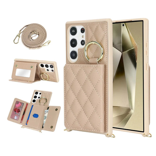 For Samsung Galaxy S23 Ultra Case with Lanyard / Mirror / Card Holder Grids Pattern RFID Blocking Phone Cover - Beige - 1