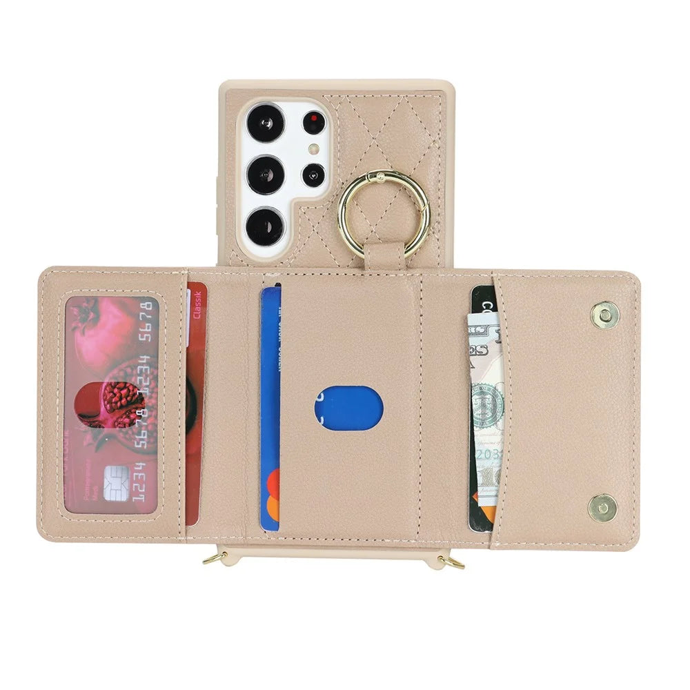 For Samsung Galaxy S23 Ultra Case with Lanyard / Mirror / Card Holder Grids Pattern RFID Blocking Phone Cover - Beige - 2