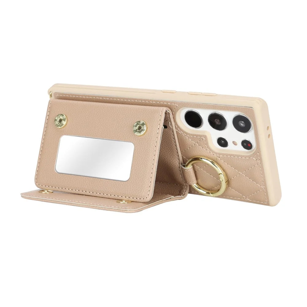 For Samsung Galaxy S23 Ultra Case with Lanyard / Mirror / Card Holder Grids Pattern RFID Blocking Phone Cover - Beige - 3