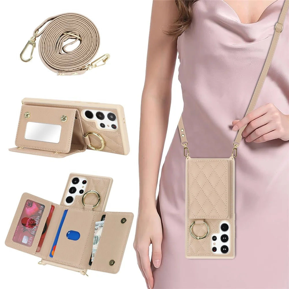 For Samsung Galaxy S23 Ultra Case with Lanyard / Mirror / Card Holder Grids Pattern RFID Blocking Phone Cover - Beige - 4