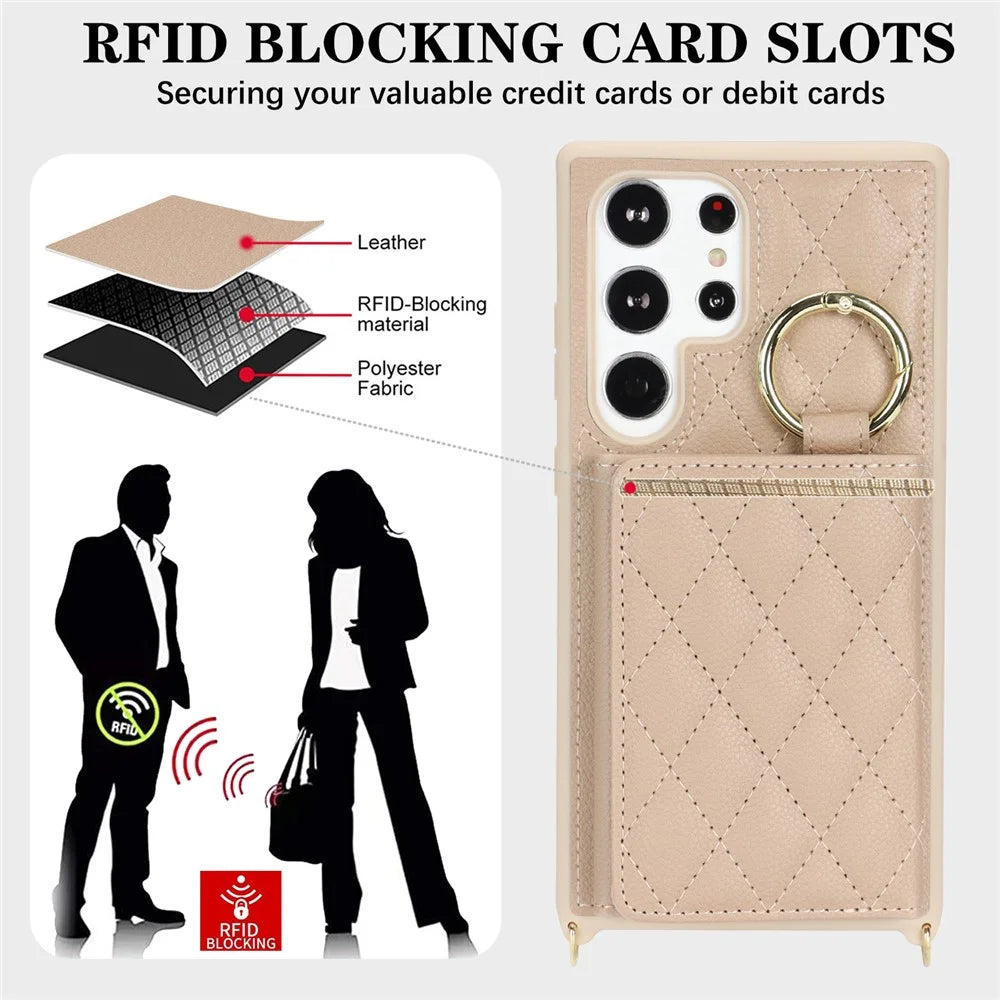 For Samsung Galaxy S23 Ultra Case with Lanyard / Mirror / Card Holder Grids Pattern RFID Blocking Phone Cover - Beige - 5
