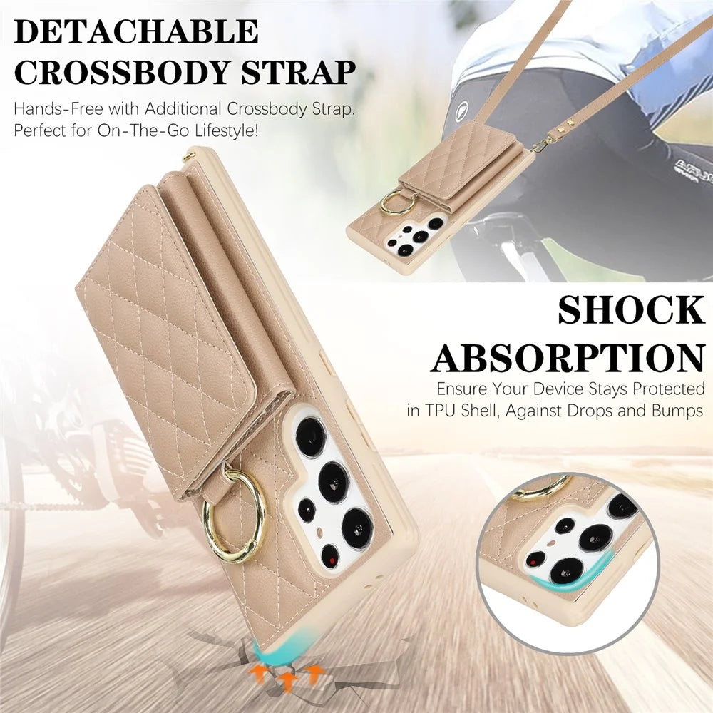 For Samsung Galaxy S23 Ultra Case with Lanyard / Mirror / Card Holder Grids Pattern RFID Blocking Phone Cover - Beige - 7