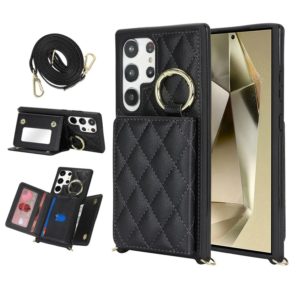 For Samsung Galaxy S24 Ultra Case with Lanyard / Mirror / Card Holder Grids Pattern RFID Blocking Phone Cover - Black - 1