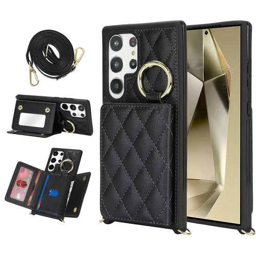 For Samsung Galaxy S24 Ultra Case with Lanyard / Mirror / Card Holder Grids Pattern RFID Blocking Phone Cover - Black - 1