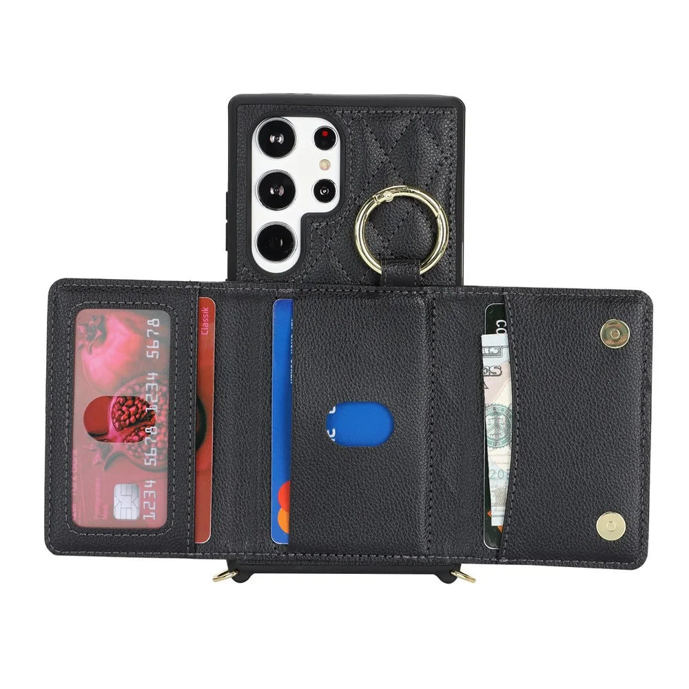 For Samsung Galaxy S24 Ultra Case with Lanyard / Mirror / Card Holder Grids Pattern RFID Blocking Phone Cover - Black - 2