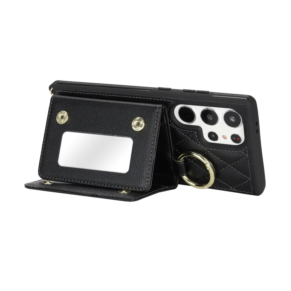 For Samsung Galaxy S24 Ultra Case with Lanyard / Mirror / Card Holder Grids Pattern RFID Blocking Phone Cover - Black - 3